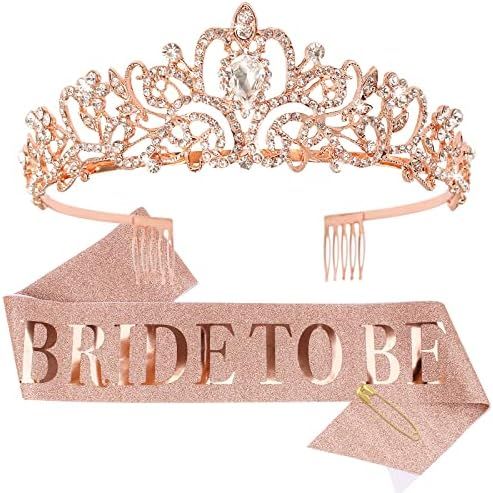 Bride To Be Sash & Bride Crown Kit, CIEHER Bridal Shower Decorations Rose Gold Bachelorette Party... | Amazon (US)