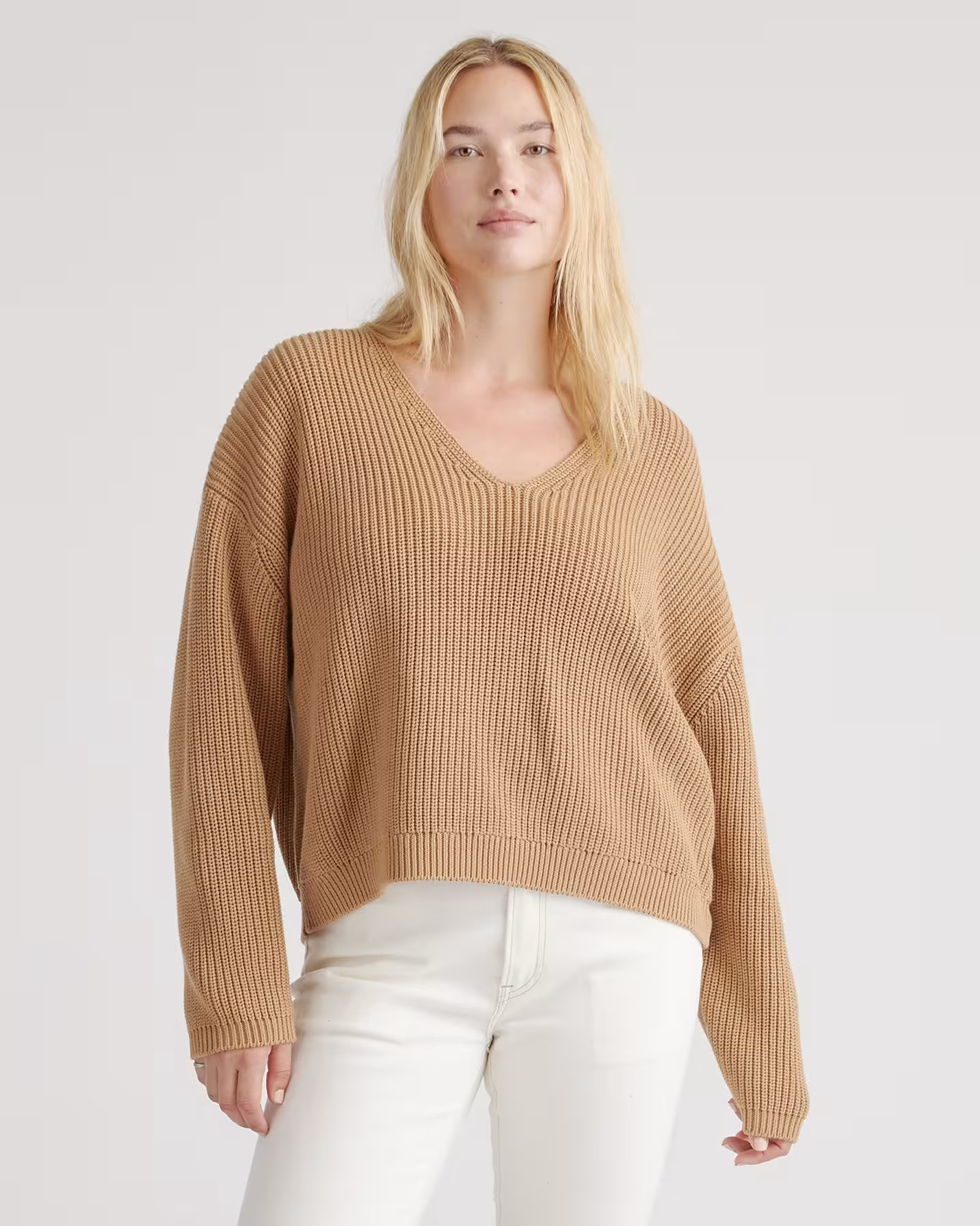 100% Organic Cotton Fisherman V-Neck Sweater in Camel | Quince