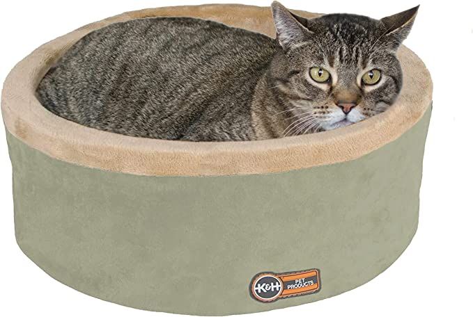 K&H PET PRODUCTS Thermo-Kitty Bed Heated Cat Bed Large 20 Inches Sage/Tan | Amazon (US)