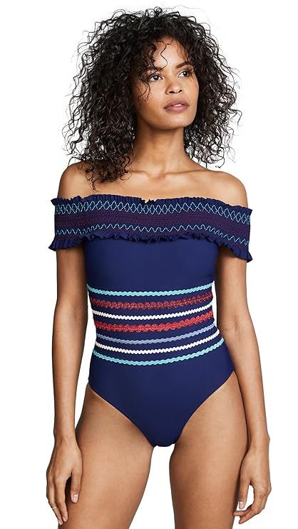 Red Carter Women's Smocked Off-The-Shoulder Maillot Bathing Swim Suit | Amazon (US)