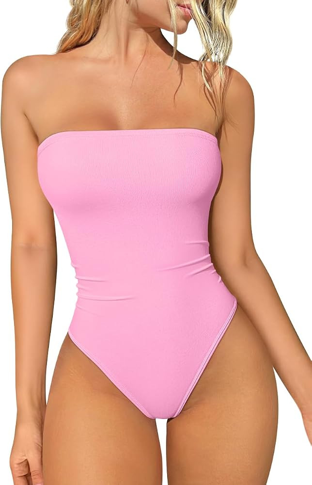 OQQ Womens Tube Bodysuits Strapless Basic Sleeveless Ruched Stretch Classic-Fit Tops Sexy Bodysui... | Amazon (US)