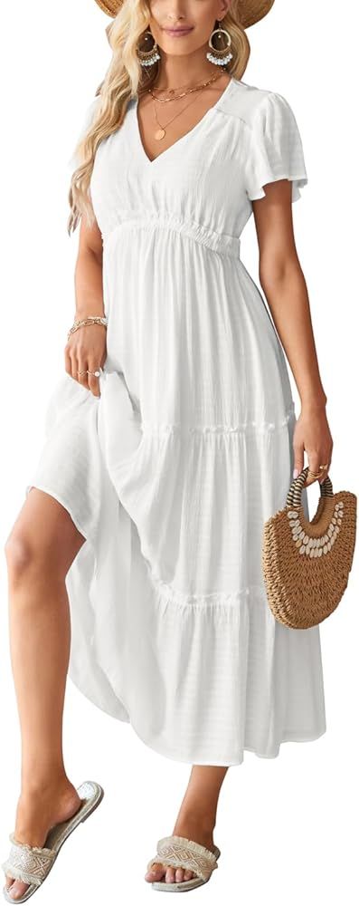 VOTEPRETTY Women's 2024 Fashion Summer Maxi Dresses Boho Beach V Neck Flutter Short Sleeve Tiered... | Amazon (US)