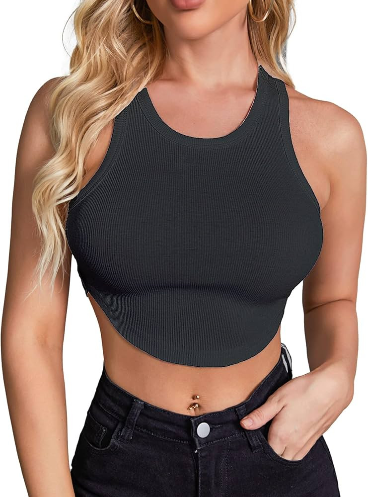 Women's Sexy Sleeveless Crop Top Ribbed Knit Slim Fit Curved Hem Racerback Crop Tank Top | Amazon (US)