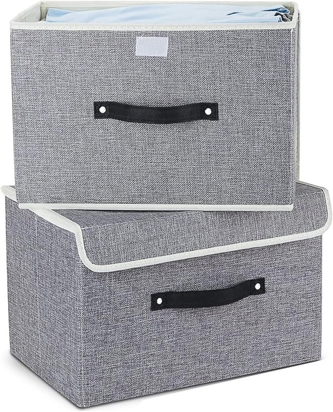 Amazon Brand - Umi Large Collapsible Storage Boxes with Lid, Linen Fabric Clothing Storage Basket... | Amazon (UK)