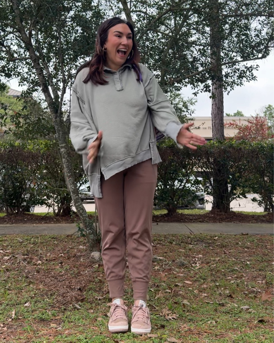 Casual outfit 
Athleta joggers - can be dressed up or down! Wearing a medium 
New balance shoes 
Free people top - wearing a medium! It fits oversized  

#LTKFindsUnder100 #LTKFindsUnder50 #LTKWorkwear