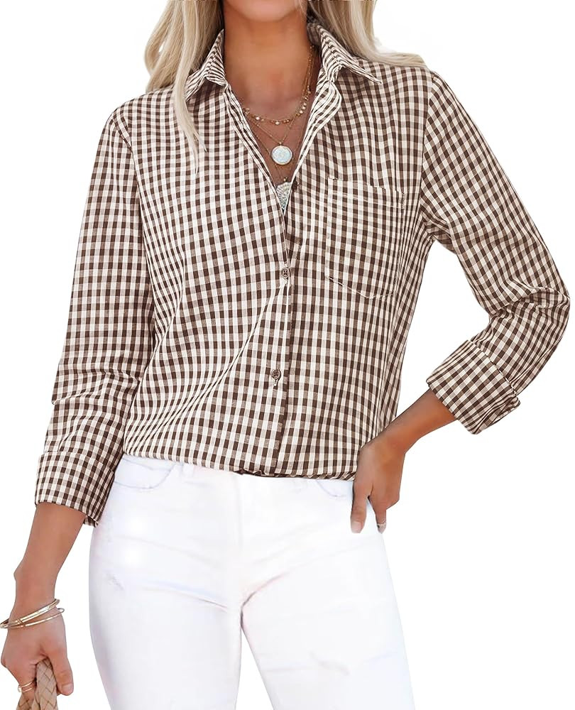 siliteelon Button Down Shirts for Women Gingham Top Plaid Long Sleeve Dress Shirts Cotton Fitted ... | Amazon (US)