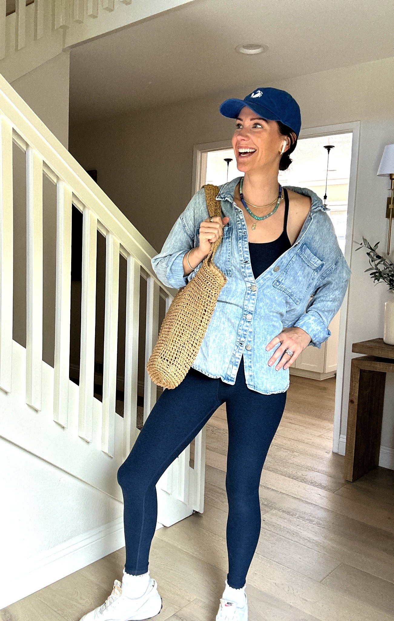 When you have a room parent meeting, then Pilates then need to run a few errands all before 1:30 school pick up. This outfit was a win. It would also be a great travel outfit  

I have this beyond yoga set in 3 colors now. This is the nocturnal navy  I take a medium in top and bottom. As a tall girl, I like that the medium top is long enough to fully cover my stomach. This specific oversized denim is old but I’ve tagged similar. Despite what my hat says, I am not actually crabby. The shoes are on sale for 20% off with code SPORT. True to size. This bag matches everything and is a great carry everything bag  

#LTKSaleAlert #LTKActive #LTKTravel