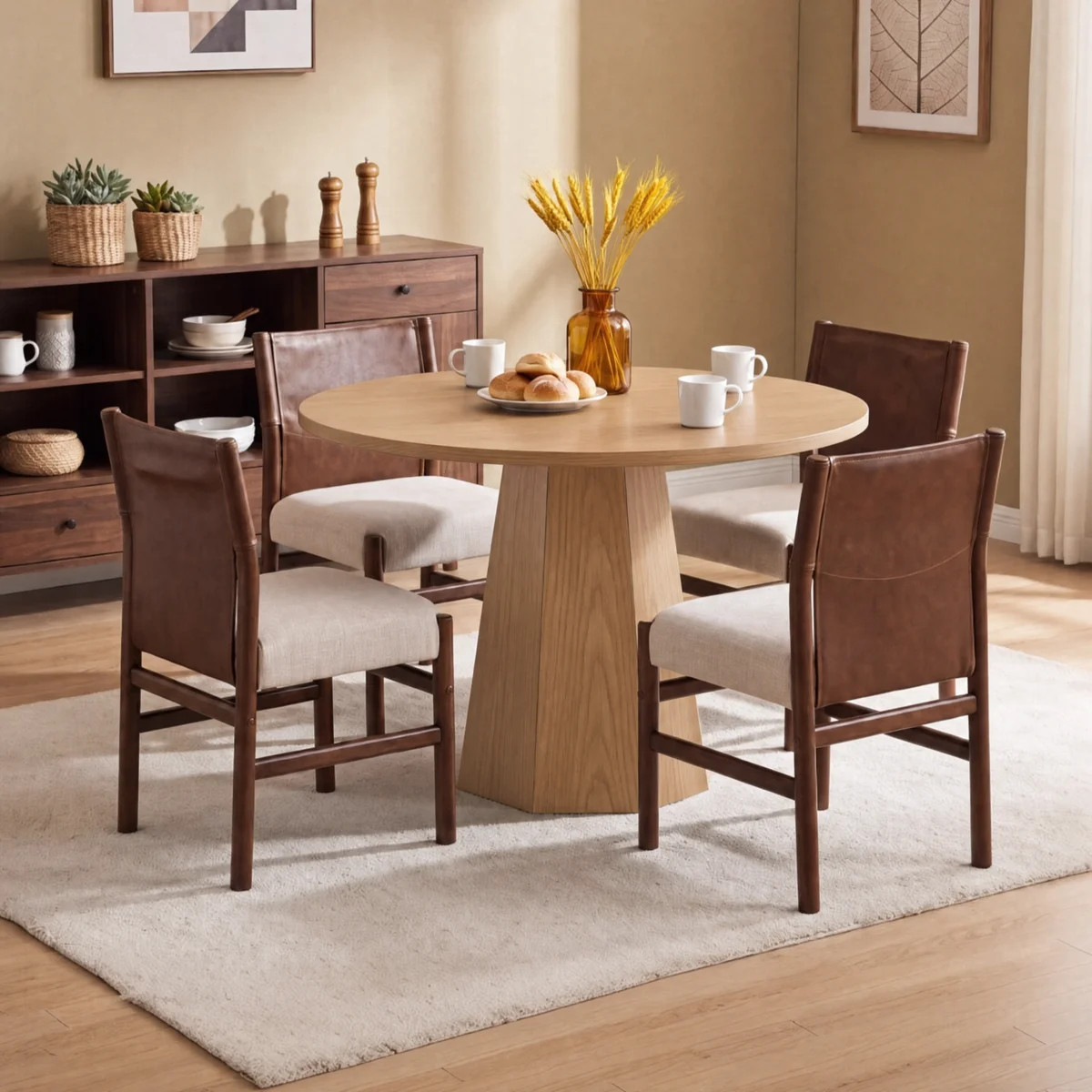5-Piece Round Brown Dining Set With Pedestal Table And Upholstered Chairs With Backrest, For Kitc... | Wayfair North America