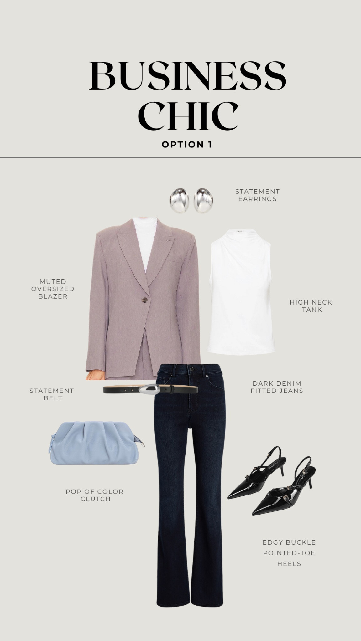 STYLING MY FOLLOWERS 🌟 
Occasion: BUSINESS MEETING 👩🏾‍💼 
 
This is the perfect elevated and classy- but fun, outfit with a pop of color for any office space or corporate meeting! 

One of my followers needed an outfit for an important business meeting so I went the classic route and chose a blazer but added bold accessories to  elevate the fit, and muted colors to make the outfit more fun! 

I chose fitted flare dark denim jeans to contrast the light blazer, statement  belt and earrings that correlate, pointed buckle heels to add some edginess, and a pop of color with the clutch to make the outfit stand out 

#LTKWorkwear #LTKFindsUnder100 #LTKFindsUnder50