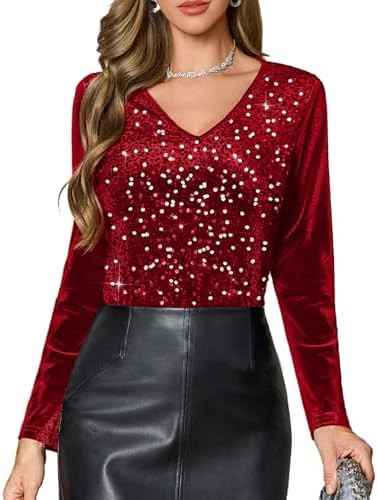 DRESSTELLS Womens Sequin Velvet Holiday Tops Glitter Sparkly Party Blouse Long Sleeve Christmas V... | Amazon (US)
