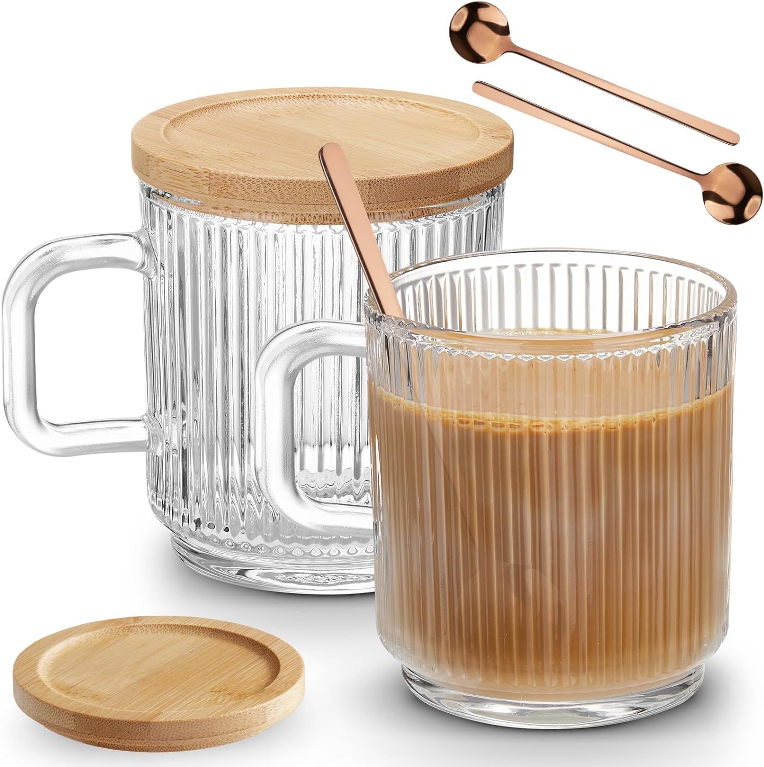 Mfacoy 2 PACK Glass Coffee Mugs with Handle & Spoon, 12 OZ Glass Coffee Cups with Bamboo Lid, Rib... | Amazon (US)