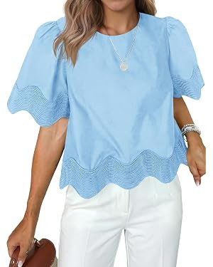 Tankaneo Womens Short Sleeve Crop Tops Summer Casual Scalloped Flowy Blouse Crewneck Ruffle Loose... | Amazon (US)