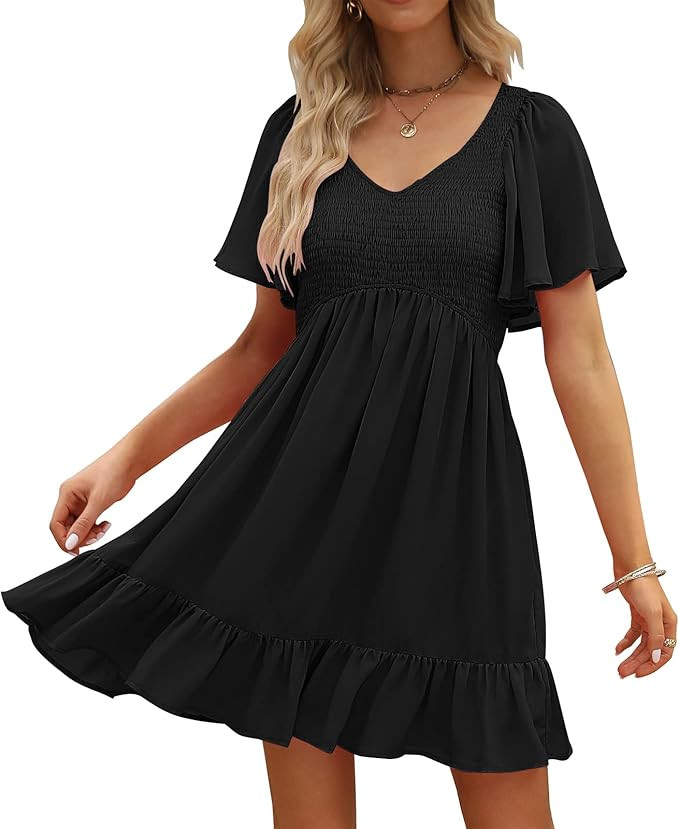 LILLUSORY Women's Flowy Casual Mini Dresses 2026 Summer Graduation Smocked V Neck Vacation Dress ... | Amazon (US)