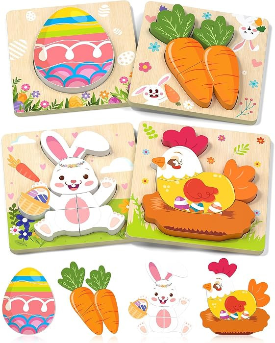 Easter Wooden Puzzles Toddler Toys, 4 Pack Party Favors Baskets Essentials Birthday Gifts Montess... | Amazon (US)