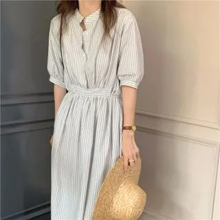 Short-Sleeve Striped Midi Dress Stripe - White - One Size | YesStyle Global