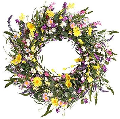 J'FLORU Decor Wreath,24" Daisy and Lavender Wreath,Beautiful Artificial Spring and Summer Wreath ... | Amazon (US)