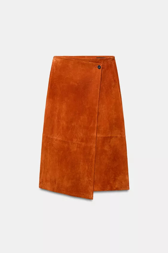 100% SUEDE LEATHER WRAP MIDI SKIRT | Zara US