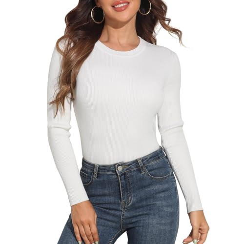 PrettyGuide Cream Sweater Women Knitted Classic Fitted Long Sleeve Fashion Crew Neck Basic Fall Sweaters Ivory XL | Amazon (US)