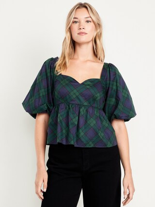 Puff-Sleeve Plaid Poplin Peplum Top | Old Navy (US)