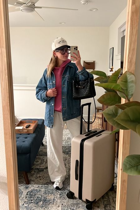 4/15/24 Airport outfit 🫶🏼 Oversized denim jacket, oversized jean jacket, airport outfit inspo, oversized hoodie, new balance sneakers, travel outfit, travel outfit inspo

