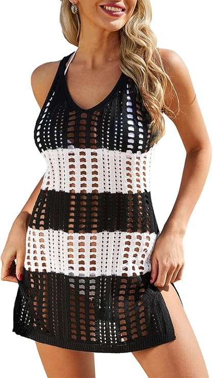 Swimsuit Coverup for Women Bathing Suit Cover ups Crochet Beach Tank Dress Hollow Out Slit Bikini... | Amazon (US)