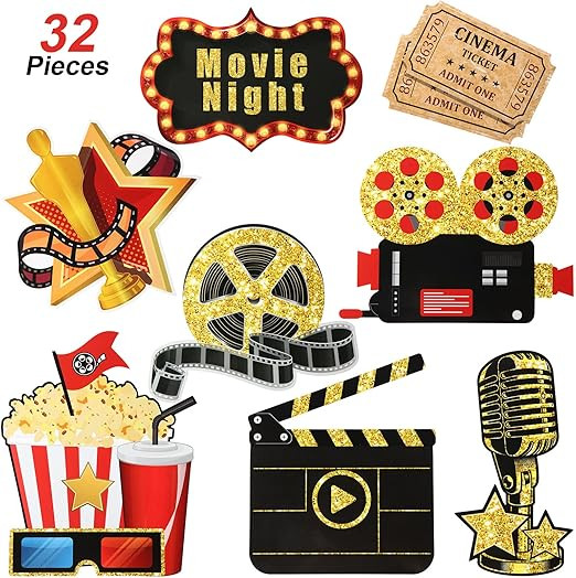 Fumete 32 Pieces Movie Night Party Cutouts Movie Party Decorations Kit Double Sided Printing Gold... | Amazon (US)