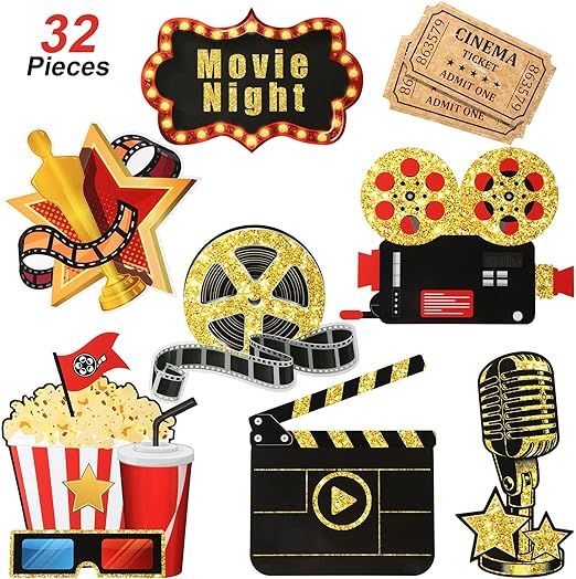 Fumete 32 Pieces Movie Night Party Cutouts Movie Party Decorations Kit Double Sided Printing Gold... | Amazon (US)