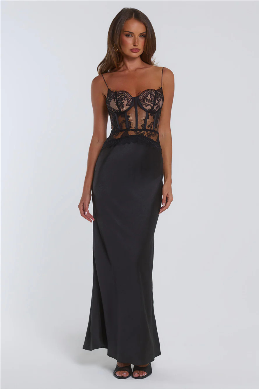 Live Chic Lace Satin Maxi Dress Black | Hello Molly (US)