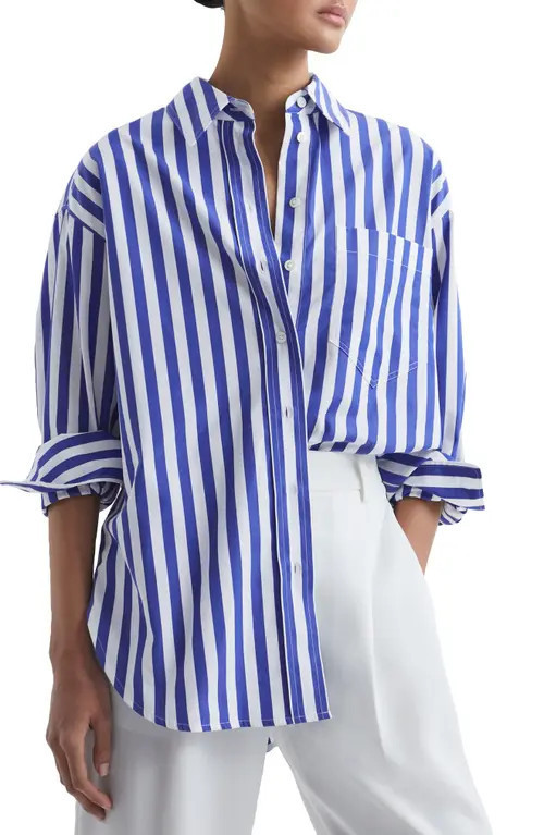 Reiss Emma Stripe Oversize Button-Up Shirt in Blue/White at Nordstrom, Size 0 Us | Nordstrom