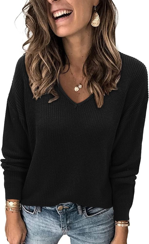 II ININ Women's Sweater Fall Fashion 2023 Trendy Casual V Neck Long Sleeve Knit Tops Loose Pullov... | Amazon (US)