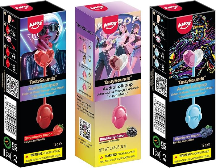 Amos Tasty Sounds Audio Lollipop Candy, Singing Music Lollipop Suckers Sugar Free,Strawberry & Bl... | Amazon (US)