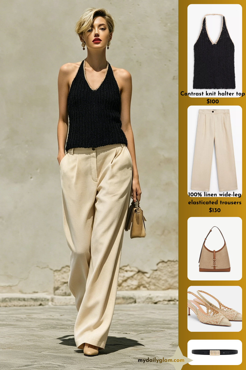 French Chic Mediterranean Co-Ord Black Textured Halter Knit Camisole & High Waist Raw Linen Wide Leg Trousers

#FrenchGirlStyle #VacationChic #NeutralContrastOutfit 

 #LTKootd #LTKOver40 #LTKWorkwear