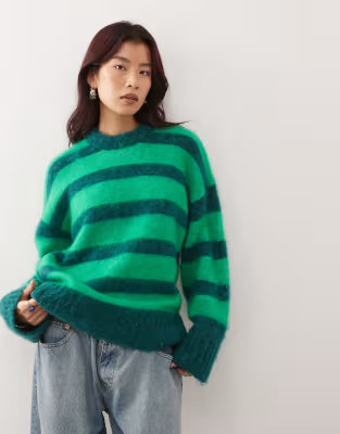 Monki oversized fluffy stripe jumper in green stripe | ASOS (Global)