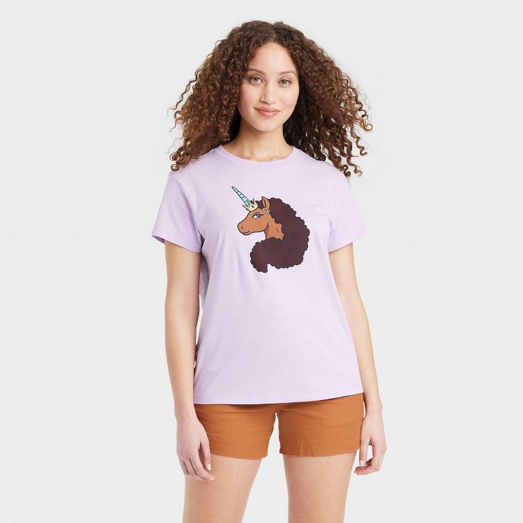 Women's Afro Unicorn Mother's Day Short Sleeve Graphic T-Shirt - Purple | Target
