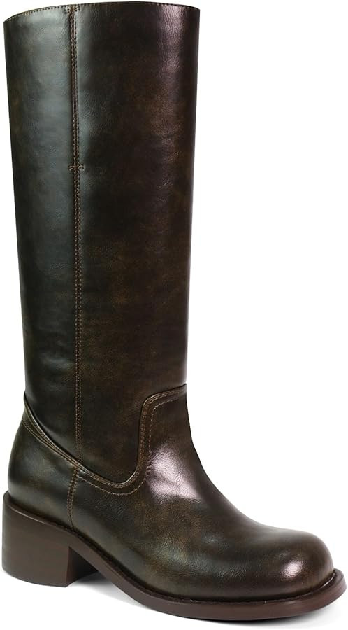 UBWDU Women's Knee High Boots Chunky Block Heel Long Boots Square Toe Low Heel Boots for Women | Amazon (US)