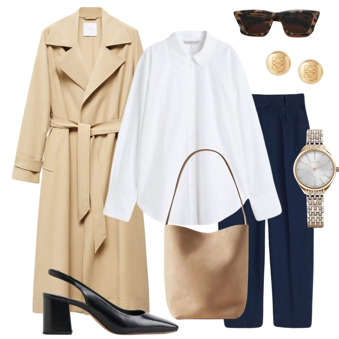Trenchcoat styling, white shirt styling, slingbacks, H&M, Mango, navy, the row, watch, swarovski, loewe, office trousers, workwear 

#LTKworkwear #LTKshoecrush #LTKfindsunder100