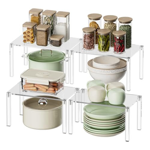 YUNEASELF Clear Cabinet Organizer: Acrylic Shelf Riser Set of 4 for Kitchen Pantry Organizers and Storage - Countertop Spice Rack for Cabinet - Stackable Display Shelf Decor for Gift | Amazon (US)