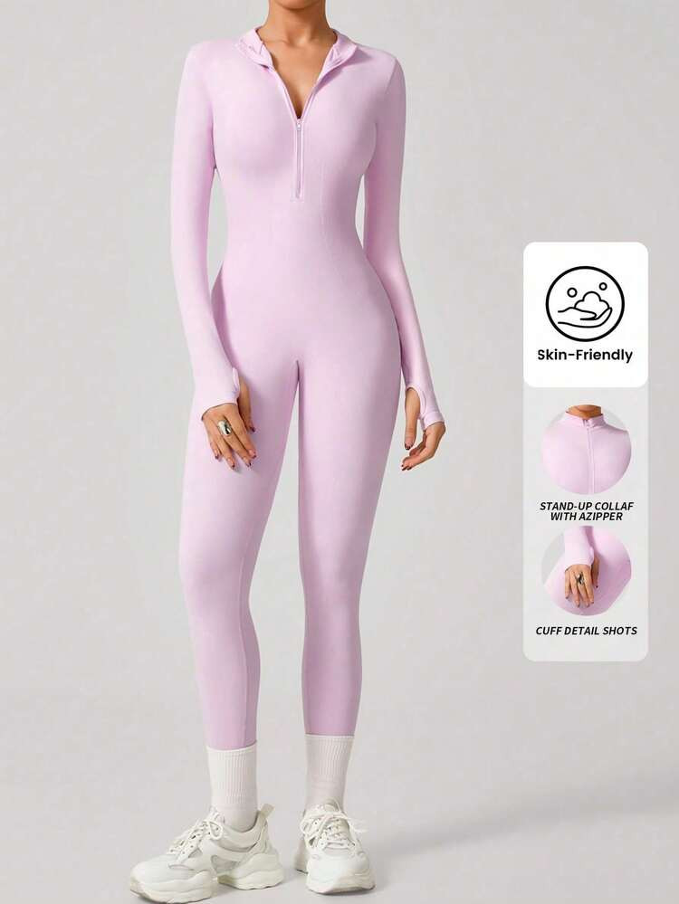 Women's Comfortable Pink Halloween Themed Jumpsuit, Warm Long Sleeve Coverall Suitable For Outdoor Activities Like Hiking, Skiing, Running In Autumn/Winter | SHEIN