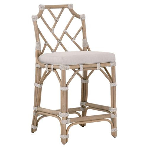 Esther Coastal Grey Performance Seat Off White Rope Natural Rattan Counter Stool | Kathy Kuo Home