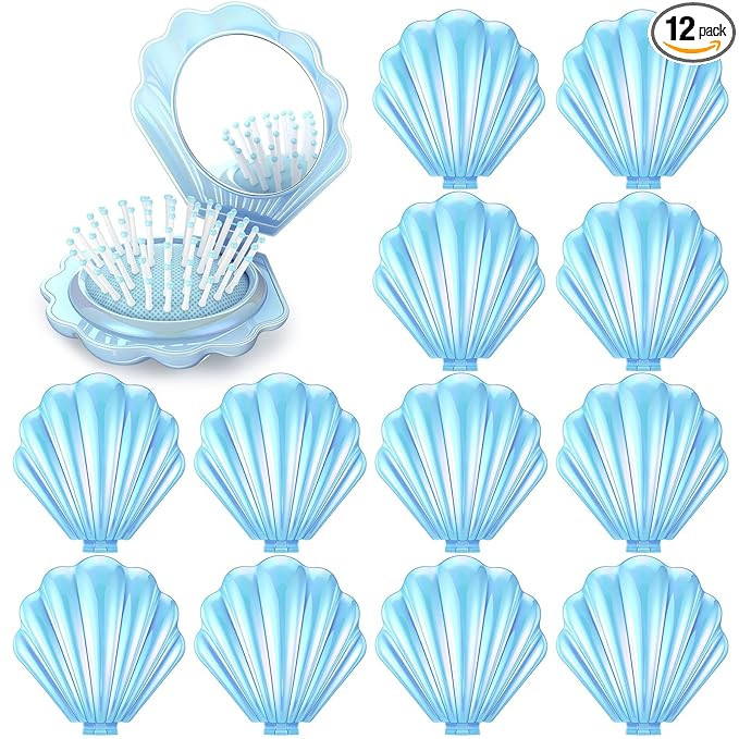 Meanplan 12 Pcs Mermaid Party Favors Shell Hair Brush with Mirror Foldable Mini Travel Pocket Hai... | Amazon (US)
