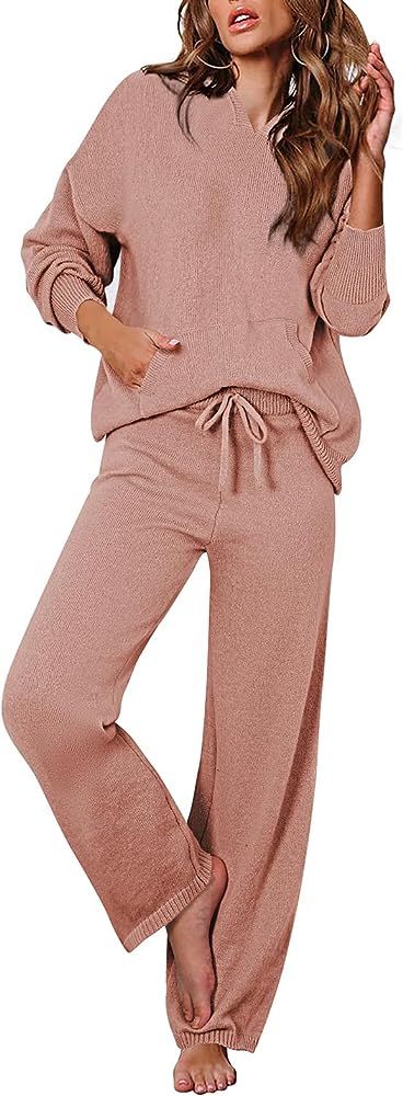 Women's 2 Piece Outfits Sweater Set Long Sleeve Hoodies With Pocket Wide Leg Pants Lounge Sets Sw... | Amazon (US)