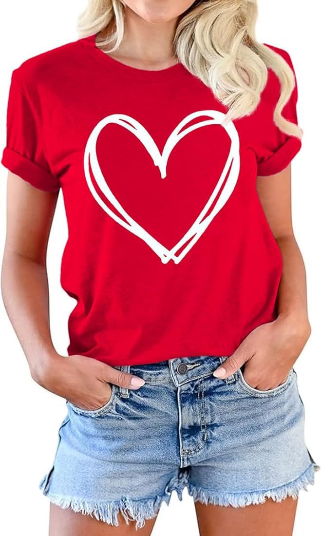 Beopjesk Womens Valentine's Day Graphic Tees Short Sleeve Heart Printed Shirts Blouse Tops | Amazon (US)
