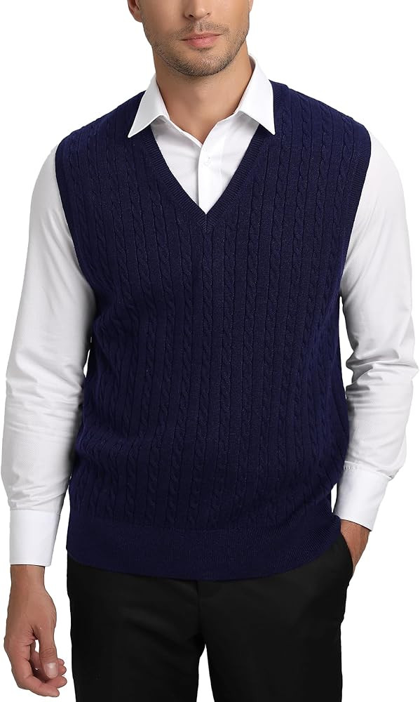 Kallspin Men’s Wool Blended Cable Knit Vest Sweater V Neck Relaxed Fit Sleeveless Pullovers | Amazon (US)
