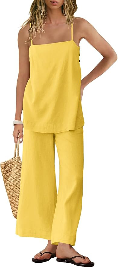 Panadila 2 Piece Linen Set Summer Travel Beach Vacation Outfit Sexy Spaghetti Strap Tank Top and ... | Amazon (US)