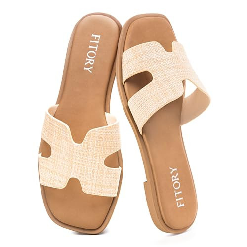 FITORY Women's Slide Sandals, Flat Fashion Square Open Toe with Cushion Slippers for Summer Beach Size 8 Raffia | Amazon (US)