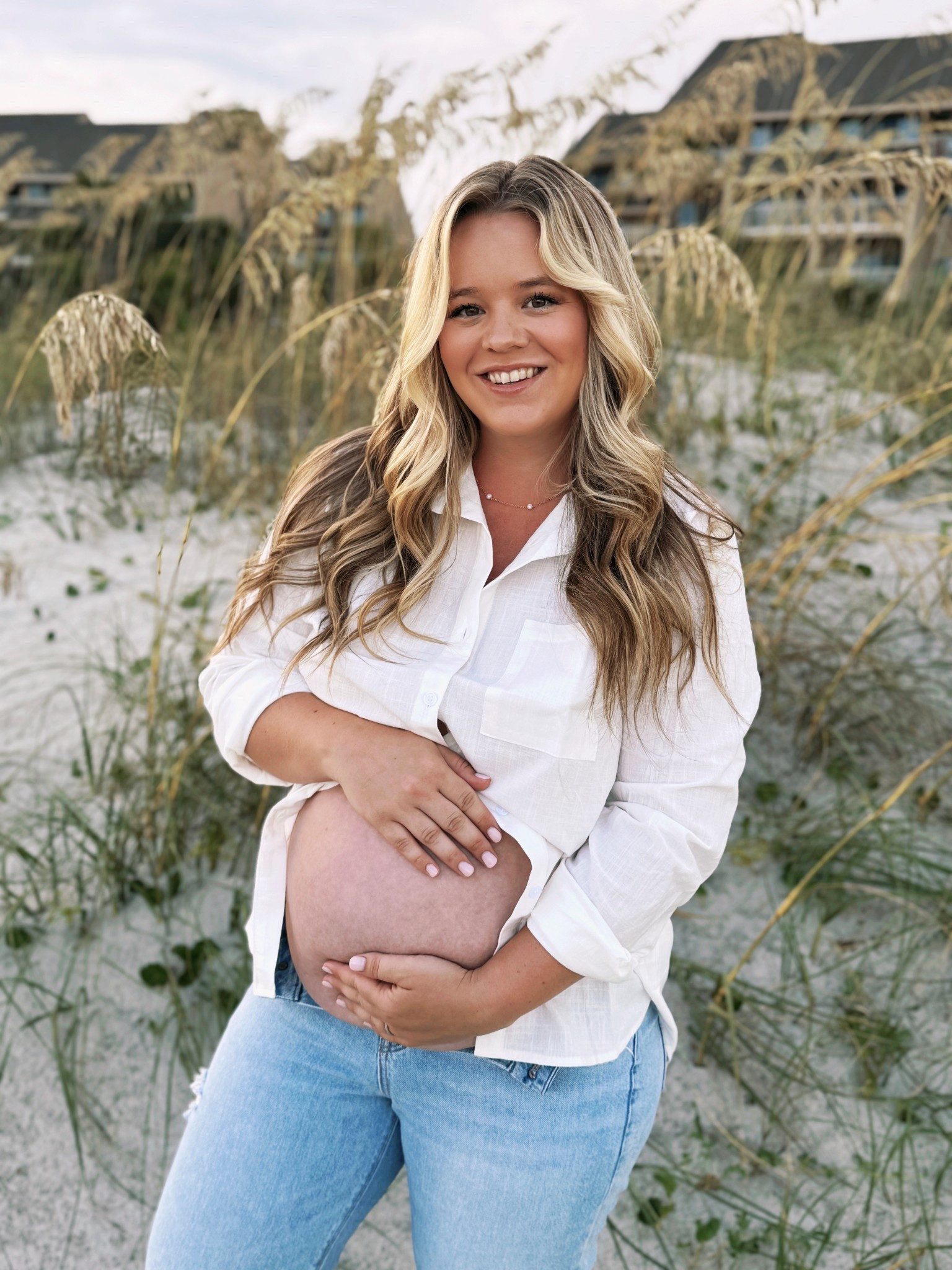 Vacation beach maternity photo shoot outfit - bump friendly - mama to be family pictures - beach cover up gauze white button up - mom jeans 

#LTKBaby #LTKBump #LTKTravel