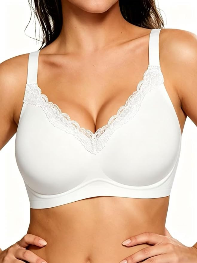 HORISUN Wireless No Underwire Bra for Women V-Neck Lace Trim Jelly Supportive Seamless Bra Comfor... | Amazon (US)