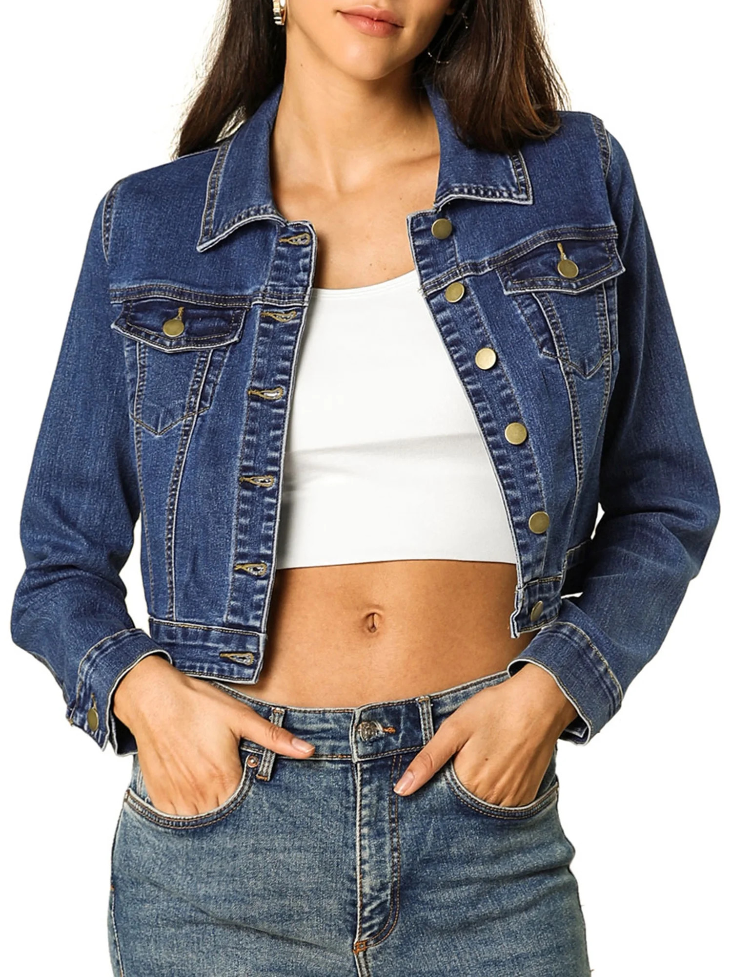 INSPIRE CHIC Women's Jacket Long Sleeves Single Breasted Cropped Denim Jacket S Dark Blue | Walmart (US)