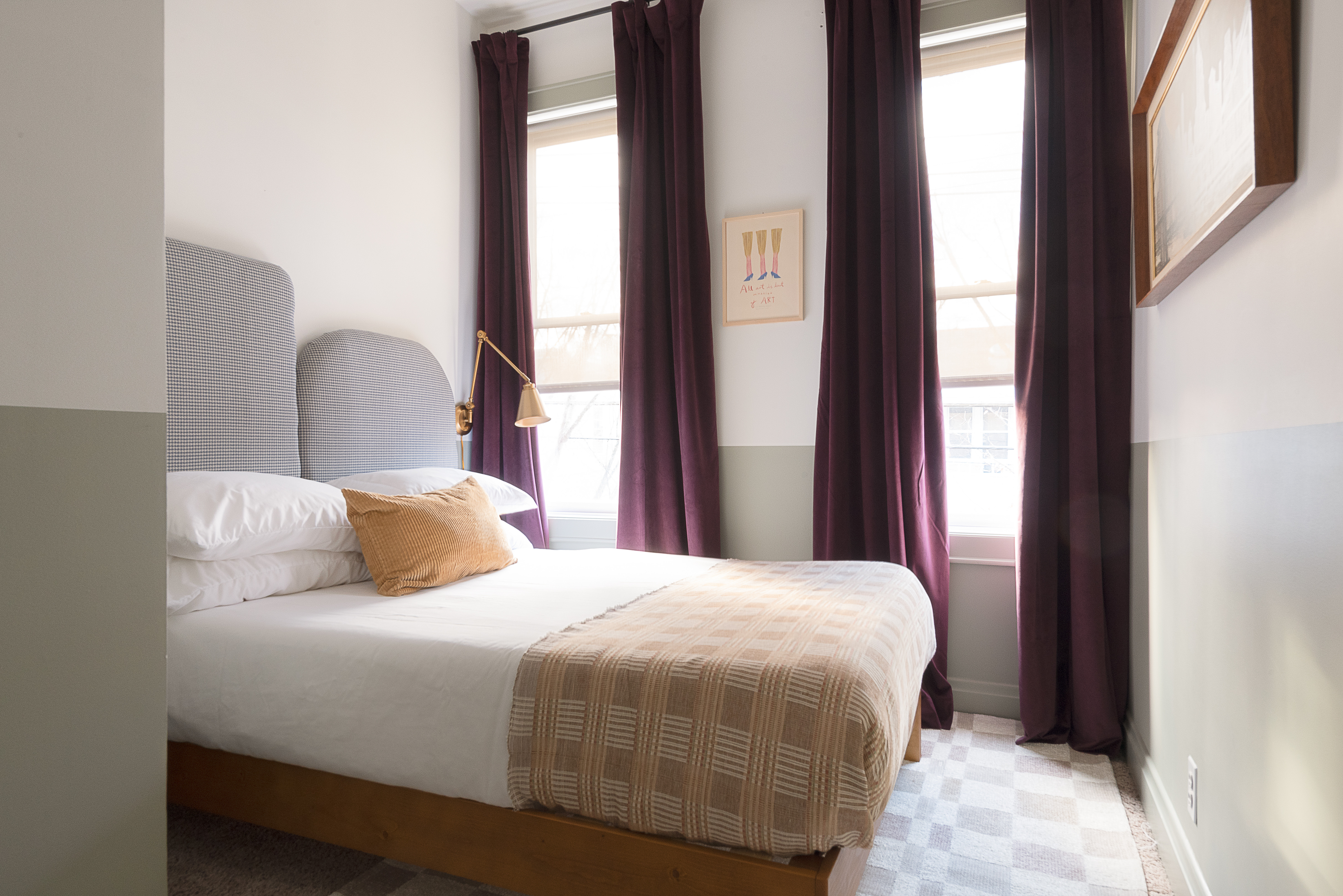 Neutral bedroom with plum curtains, plush velvet black out curtains, boutique hotel style bedroom, neutral light colored room 

 #LTKHome