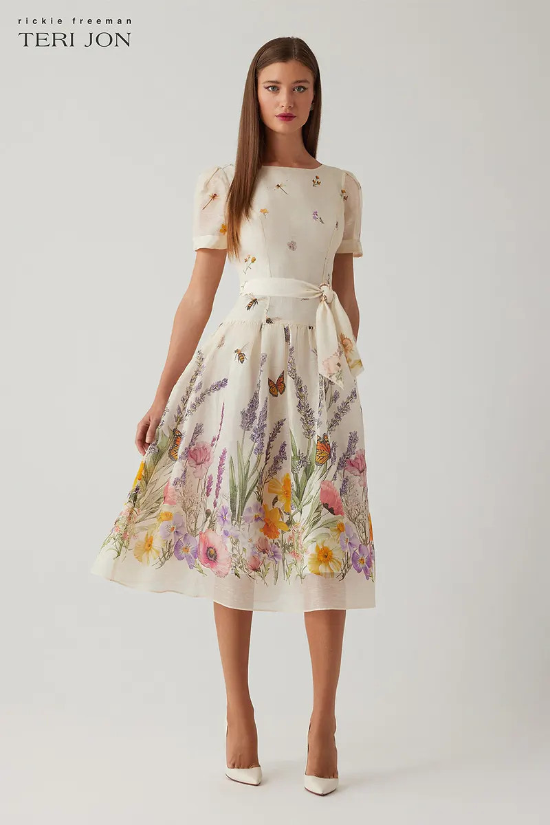 Silk Linen Drop Waist Border Printed Dress | TERI JON